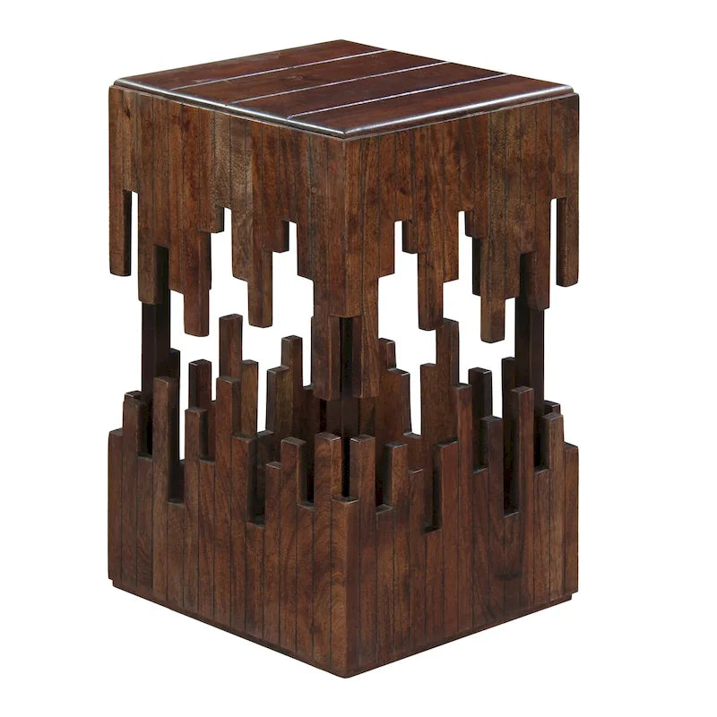 Table d'appoint accent de 24 pouces, bois d'acacia marron, plateau carré à lattes, silhouette abstraite artisanale, fer noir