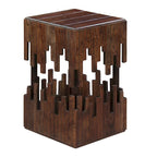 Table d'appoint accent de 24 pouces, bois d'acacia marron, plateau carré à lattes, silhouette abstraite artisanale, fer noir