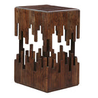 Table d'appoint accent de 24 pouces, bois d'acacia marron, plateau carré à lattes, silhouette abstraite artisanale, fer noir