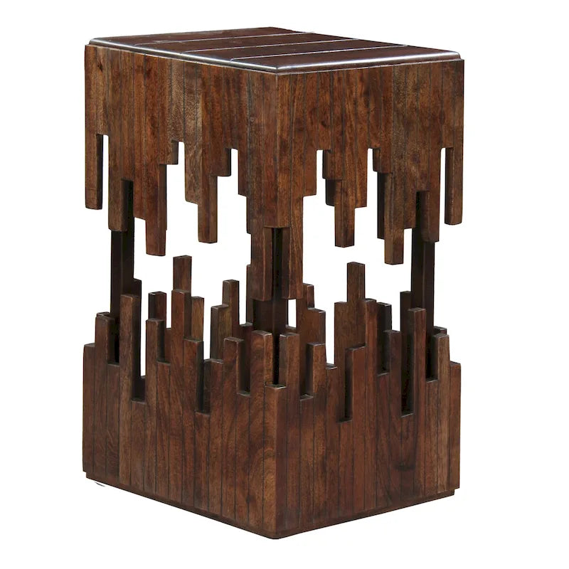 Table d'appoint accent de 24 pouces, bois d'acacia marron, plateau carré à lattes, silhouette abstraite artisanale, fer noir
