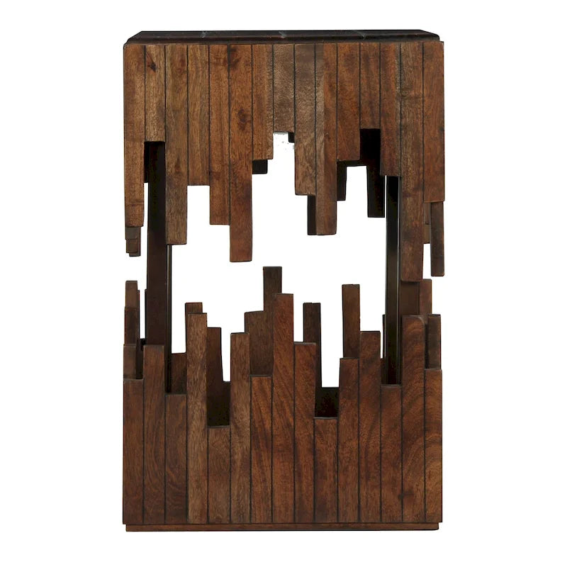 Table d'appoint accent de 24 pouces, bois d'acacia marron, plateau carré à lattes, silhouette abstraite artisanale, fer noir