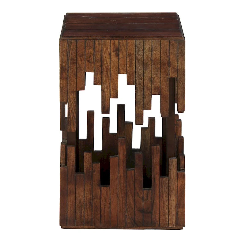 Table d'appoint accent de 24 pouces, bois d'acacia marron, plateau carré à lattes, silhouette abstraite artisanale, fer noir