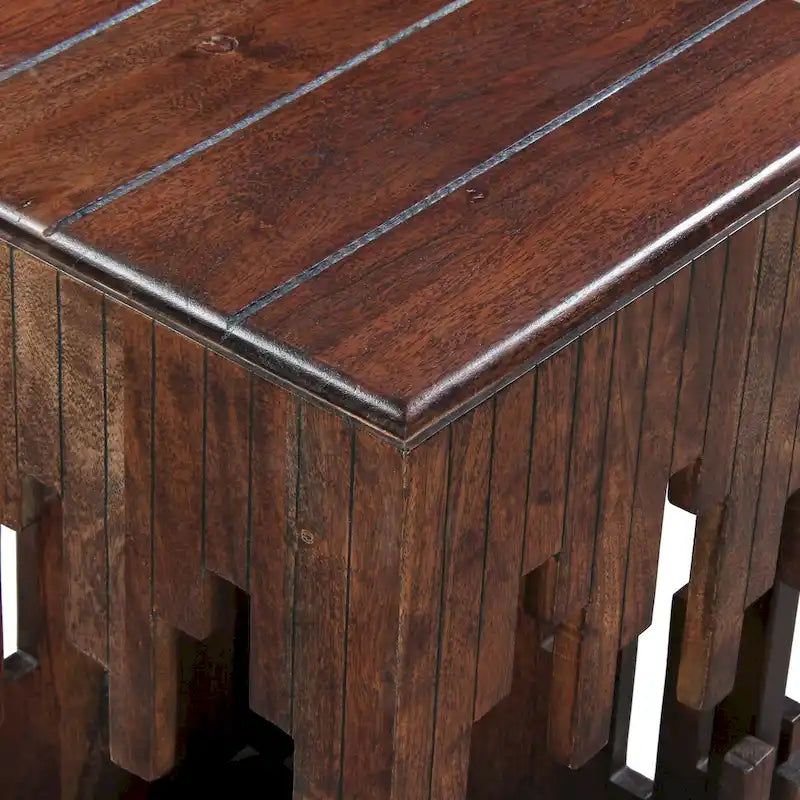 Table d'appoint accent de 24 pouces, bois d'acacia marron, plateau carré à lattes, silhouette abstraite artisanale, fer noir