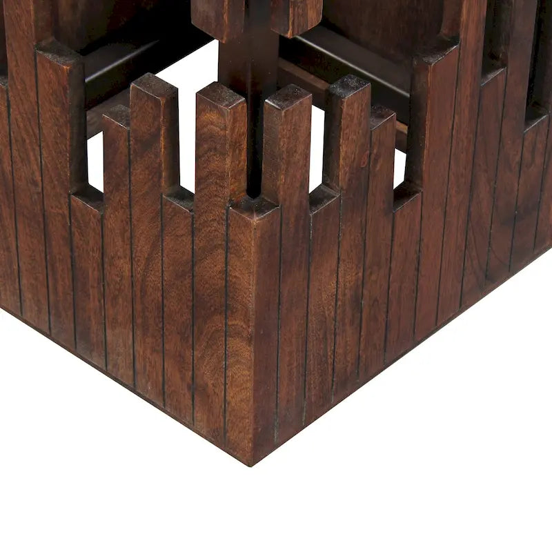 Table d'appoint accent de 24 pouces, bois d'acacia marron, plateau carré à lattes, silhouette abstraite artisanale, fer noir