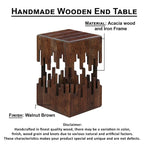 Table d'appoint accent de 24 pouces, bois d'acacia marron, plateau carré à lattes, silhouette abstraite artisanale, fer noir