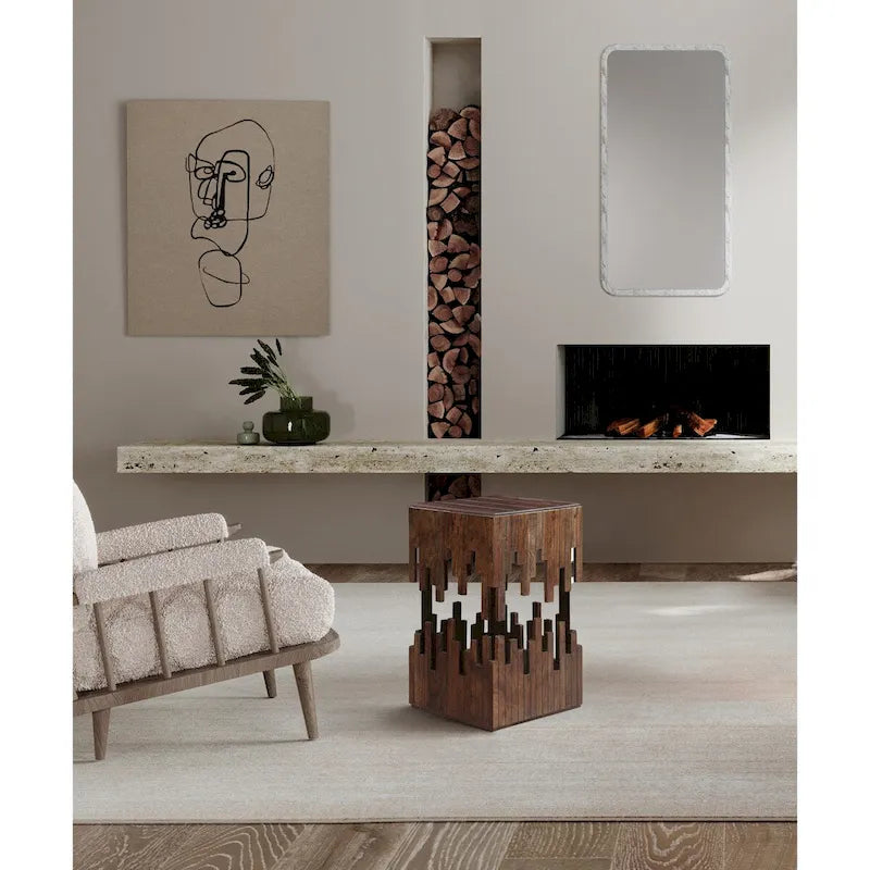Table d'appoint accent de 24 pouces, bois d'acacia marron, plateau carré à lattes, silhouette abstraite artisanale, fer noir