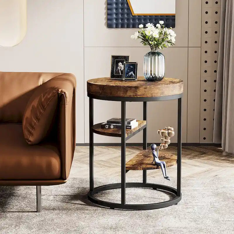 Table d'appoint industrielle ronde avec 3 étagères de rangement pour le salon