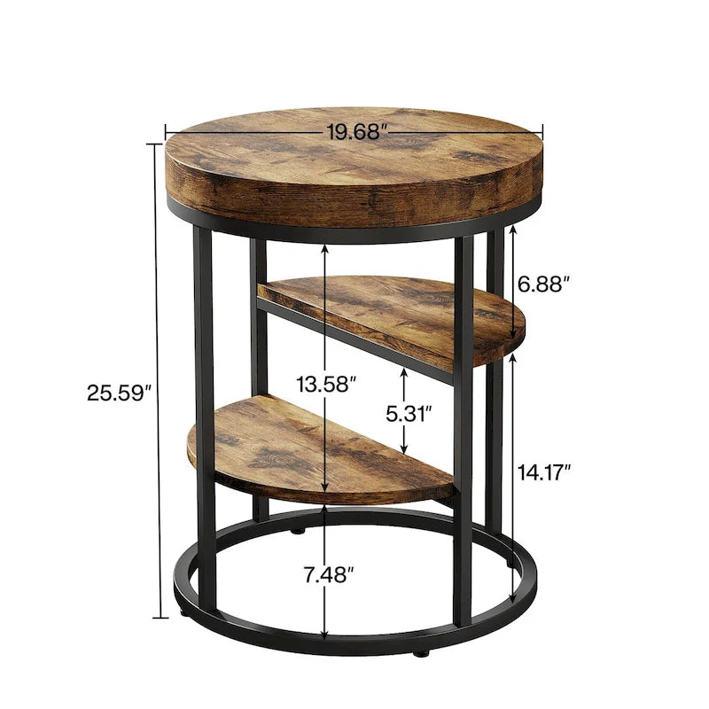 Table d'appoint industrielle ronde avec 3 étagères de rangement pour le salon