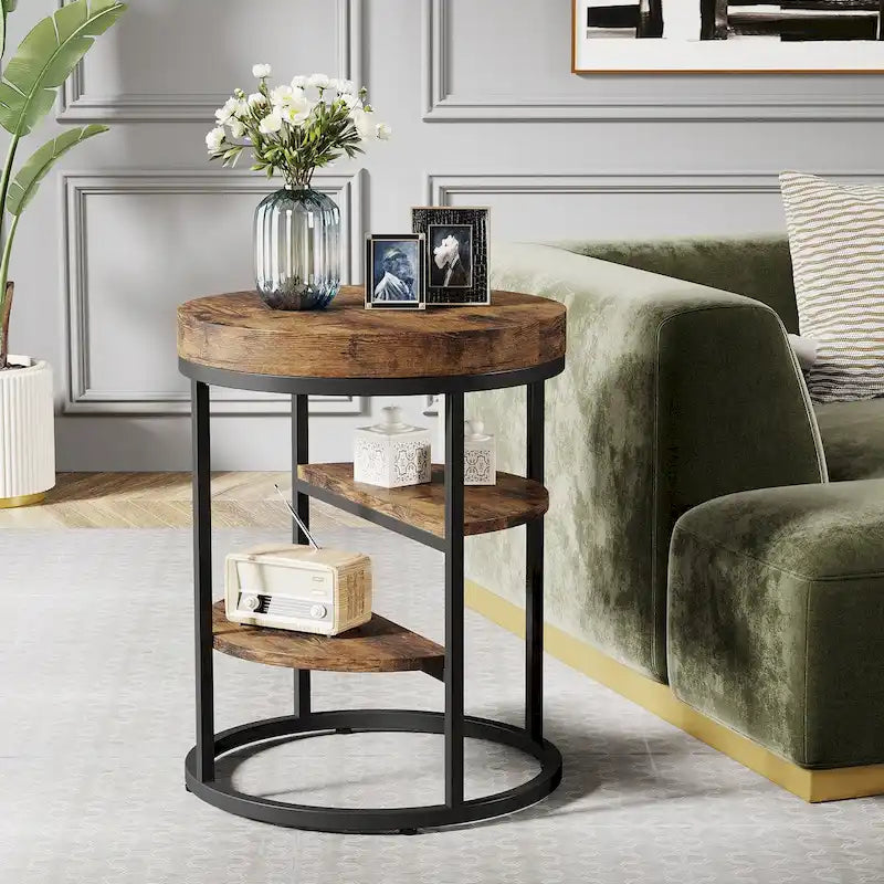 Table d'appoint industrielle ronde avec 3 étagères de rangement pour le salon