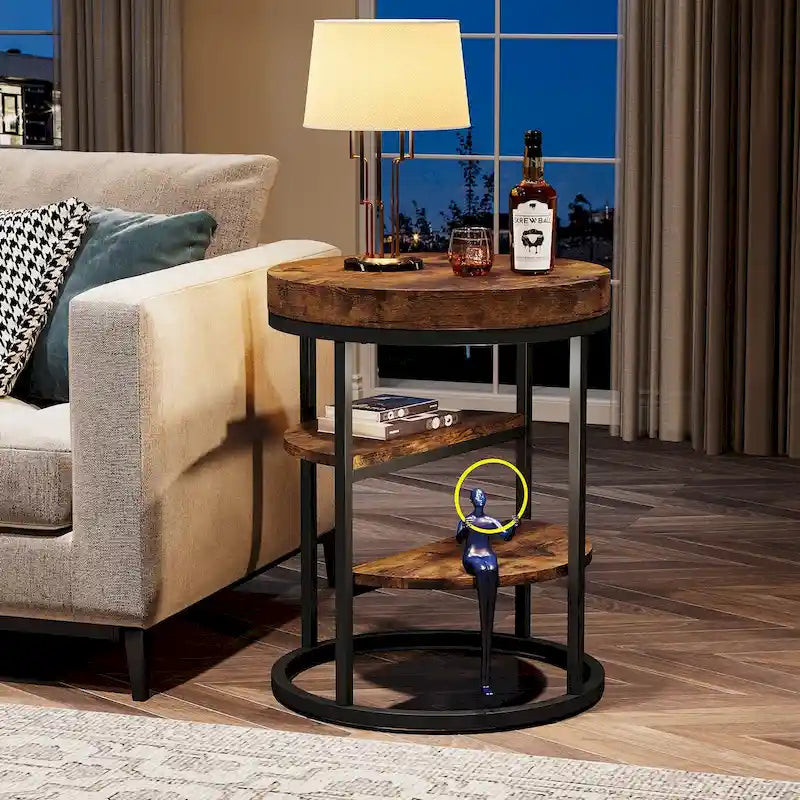 Table d'appoint industrielle ronde avec 3 étagères de rangement pour le salon