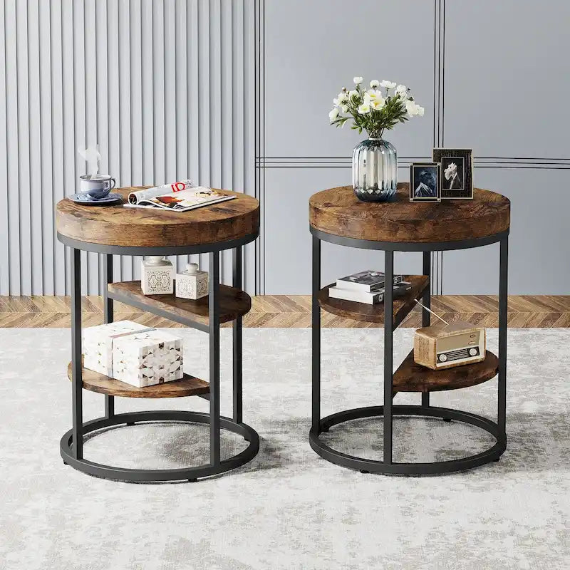 Table d'appoint industrielle ronde avec 3 étagères de rangement pour le salon