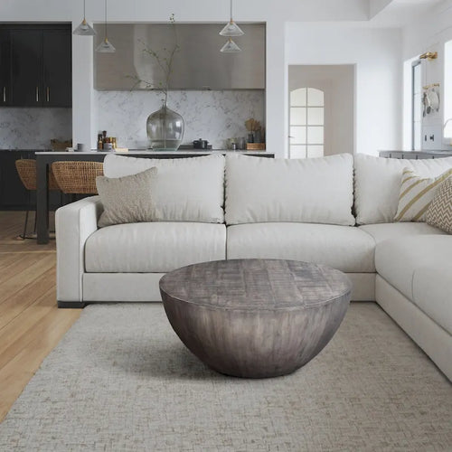 36 Inch Round Coffee Table, Handcrafted Drum Shape, Mango Wood with Olive Gray Finish