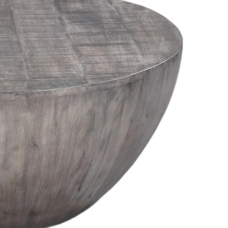 Tavolino rotondo da 36 pollici, a forma di tamburo fatto a mano, legno di mango con finitura grigio oliva