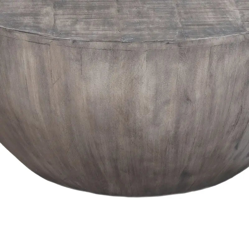 Tavolino rotondo da 36 pollici, a forma di tamburo fatto a mano, legno di mango con finitura grigio oliva