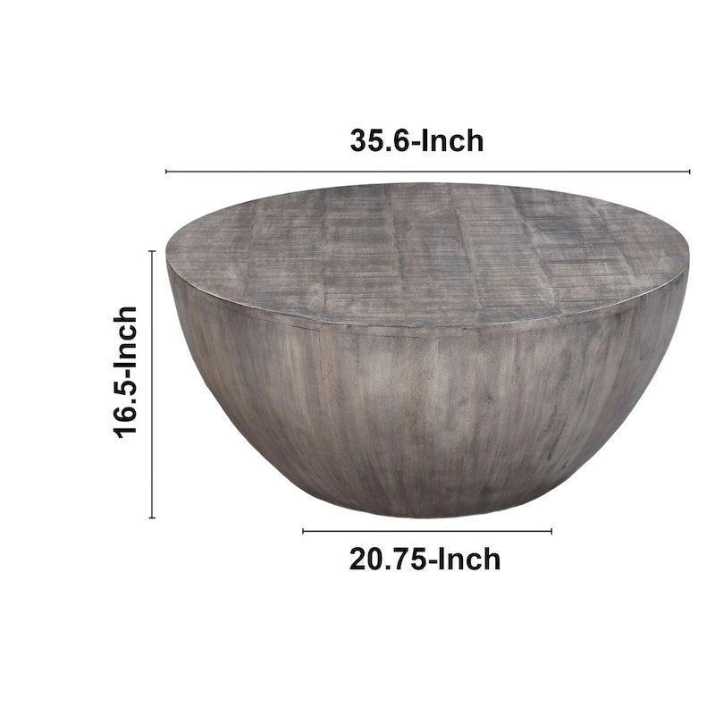 Tavolino rotondo da 36 pollici, a forma di tamburo fatto a mano, legno di mango con finitura grigio oliva