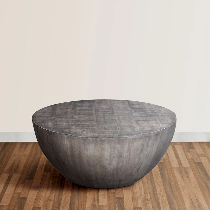Tavolino rotondo da 36 pollici, a forma di tamburo fatto a mano, legno di mango con finitura grigio oliva