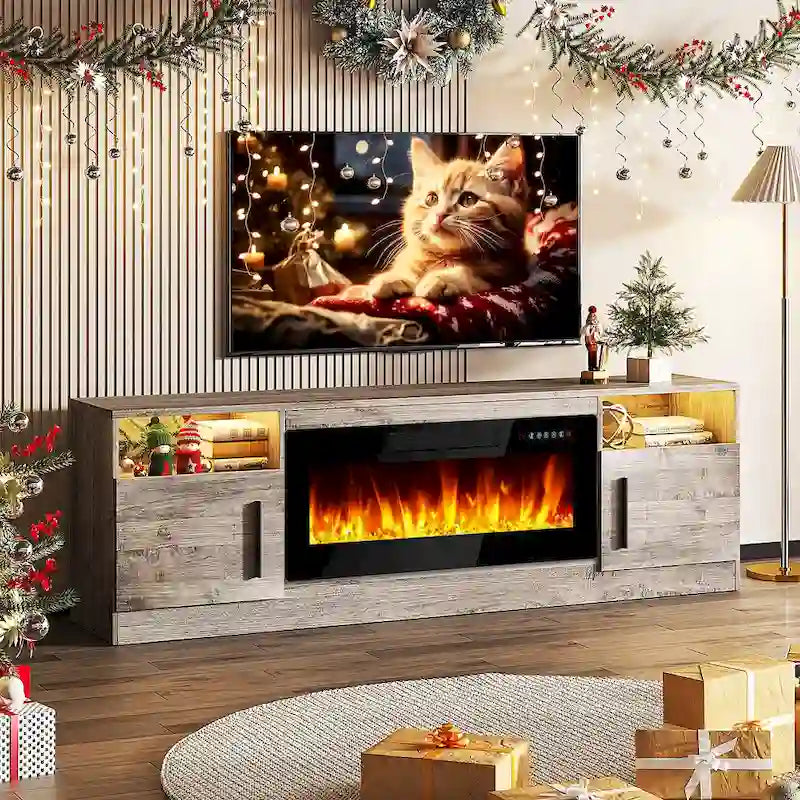 Mobile TV Bossin 70" con caminetto elettrico 36", Mobile TV per televisori fino a 80", 16 colori LED/Centro di intrattenimento