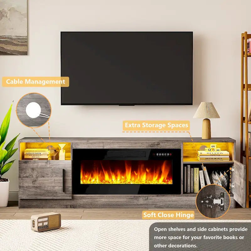 Mobile TV Bossin 70" con caminetto elettrico 36", Mobile TV per televisori fino a 80", 16 colori LED/Centro di intrattenimento
