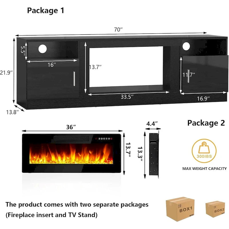 Mobile TV Bossin 70" con caminetto elettrico 36", Mobile TV per televisori fino a 80", 16 colori LED/Centro di intrattenimento