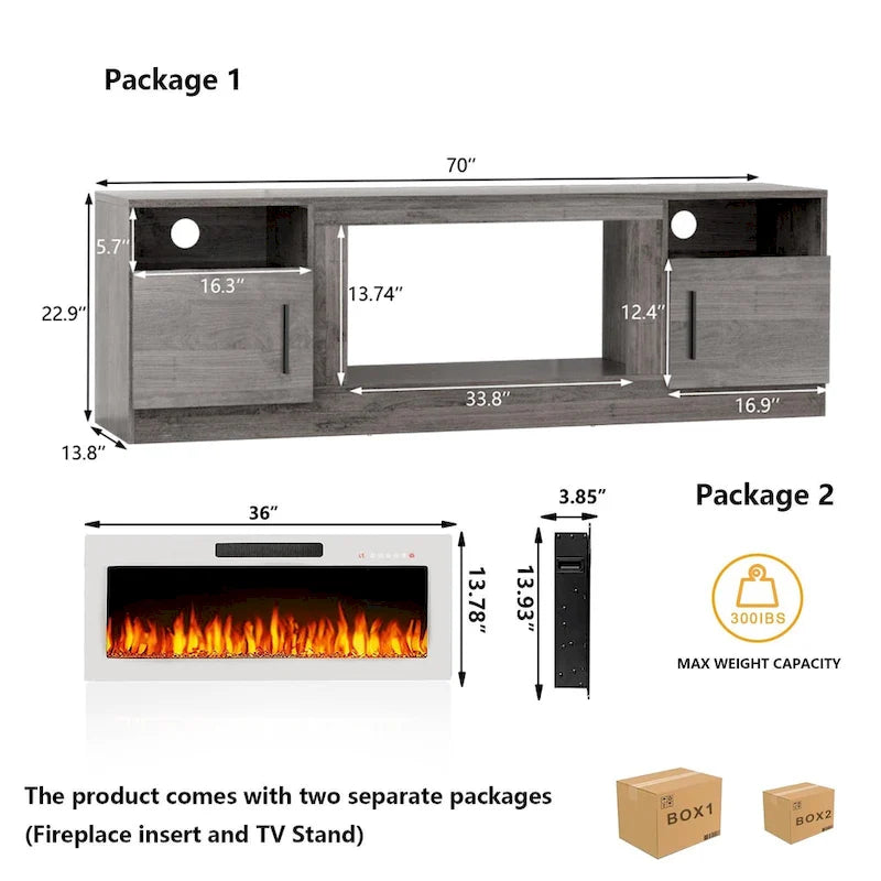 Mobile TV Bossin 70" con caminetto elettrico 36", Mobile TV per televisori fino a 80", 16 colori LED/Centro di intrattenimento