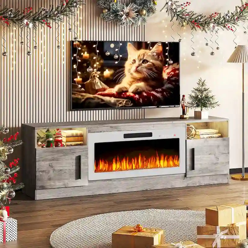 Mobile TV Bossin 70" con caminetto elettrico 36", Mobile TV per televisori fino a 80", 16 colori LED/Centro di intrattenimento