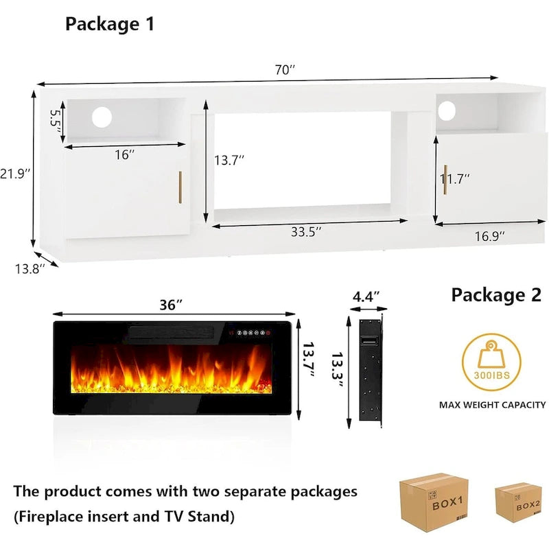 Mobile TV Bossin 70" con caminetto elettrico 36", Mobile TV per televisori fino a 80", 16 colori LED/Centro di intrattenimento