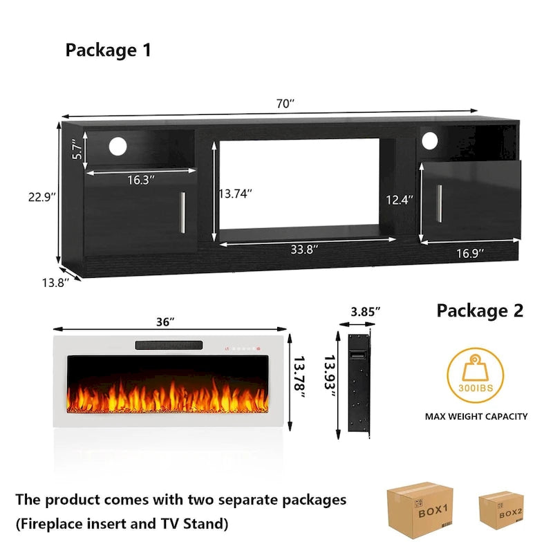 Mobile TV Bossin 70" con caminetto elettrico 36", Mobile TV per televisori fino a 80", 16 colori LED/Centro di intrattenimento