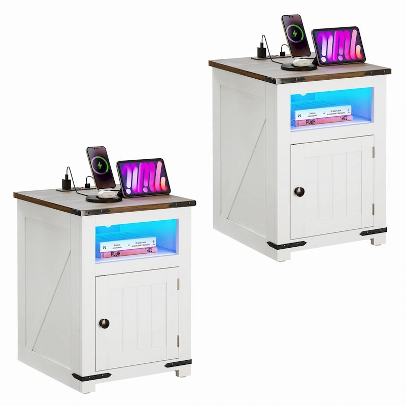 Moasis Lot de 2 tables d'appoint de style rustique avec LED et station de recharge, ports USB