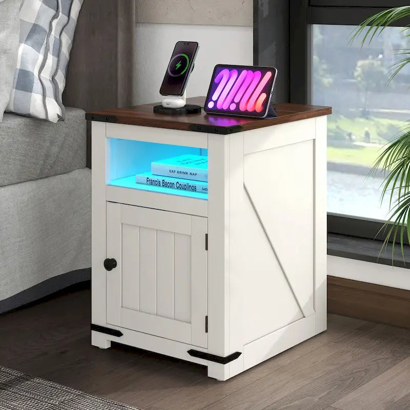 Moasis Lot de 2 tables d'appoint de style rustique avec LED et station de recharge, ports USB