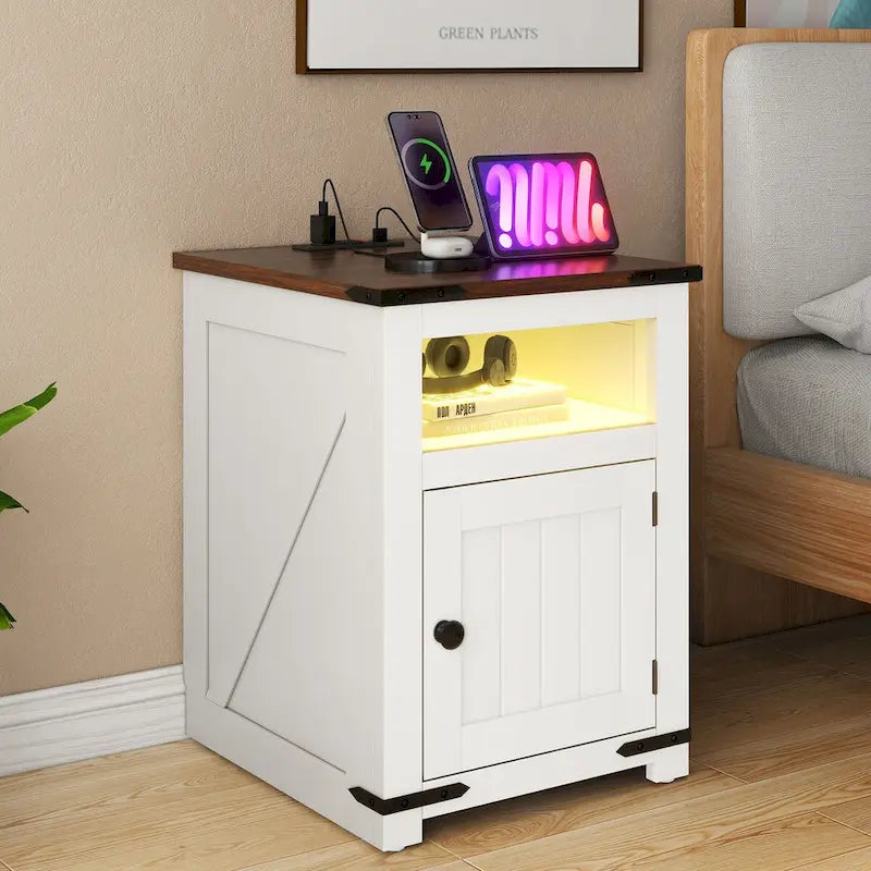 Moasis Lot de 2 tables d'appoint de style rustique avec LED et station de recharge, ports USB