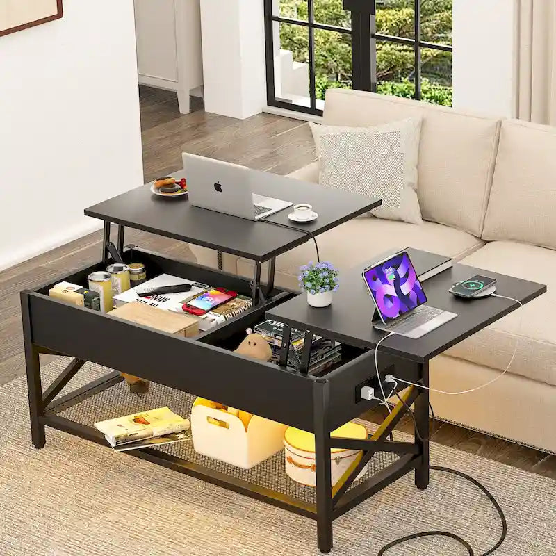 Tavolino da caffè sollevabile stile fattoria moderna con porta USB e luce LED, tavolino d'appoggio per soggiorno