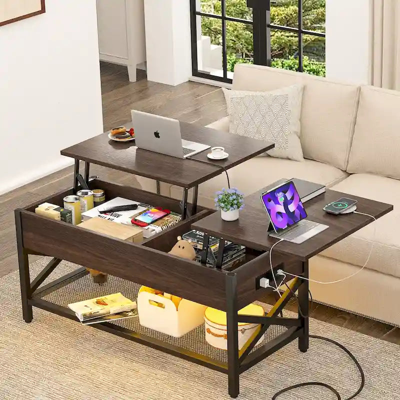 Tavolino da caffè sollevabile stile fattoria moderna con porta USB e luce LED, tavolino d'appoggio per soggiorno