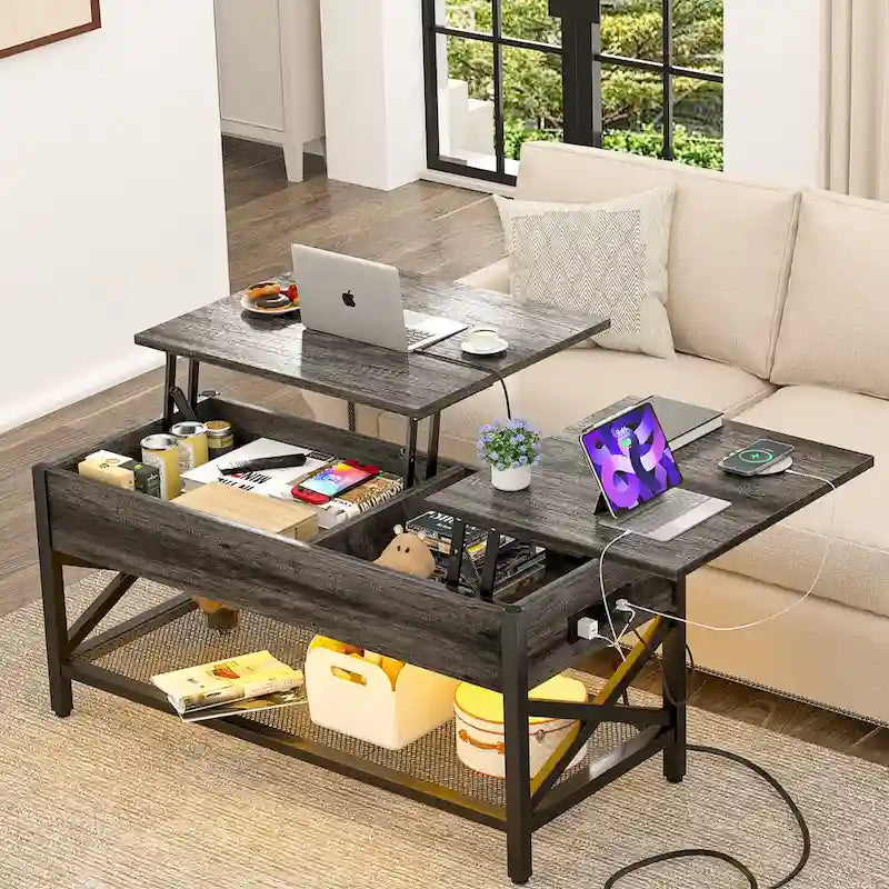 Tavolino da caffè sollevabile stile fattoria moderna con porta USB e luce LED, tavolino d'appoggio per soggiorno