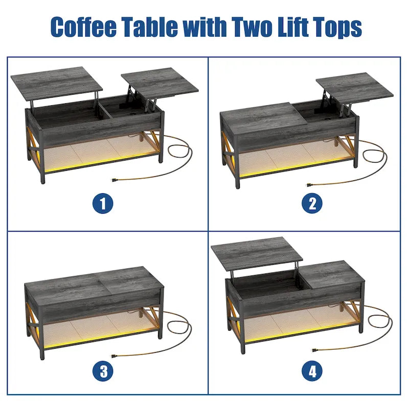 Tavolino da caffè sollevabile stile fattoria moderna con porta USB e luce LED, tavolino d'appoggio per soggiorno