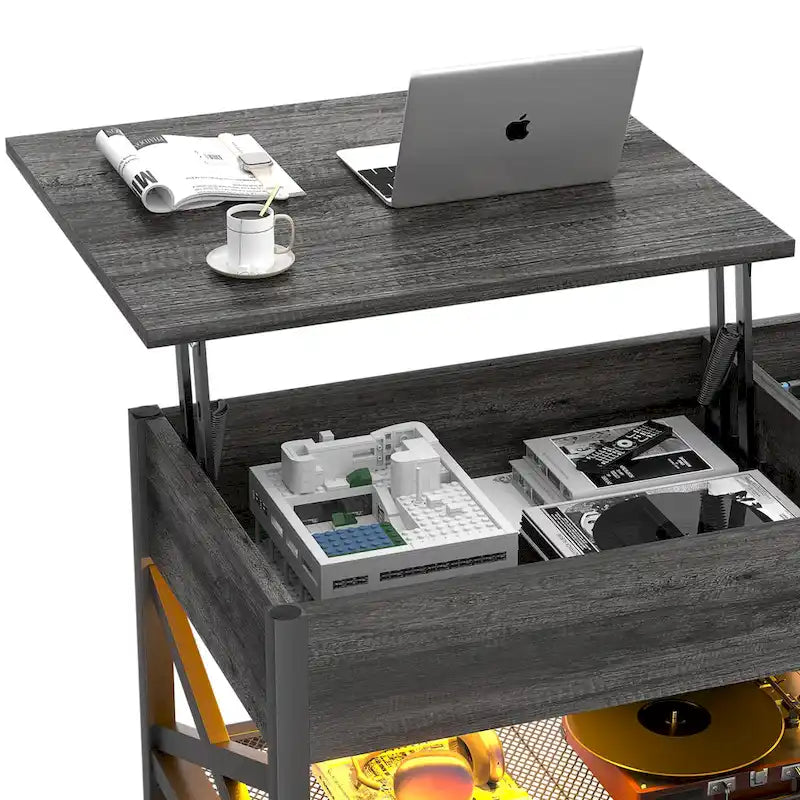Tavolino da caffè sollevabile stile fattoria moderna con porta USB e luce LED, tavolino d'appoggio per soggiorno