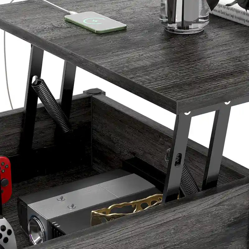 Tavolino da caffè sollevabile stile fattoria moderna con porta USB e luce LED, tavolino d'appoggio per soggiorno