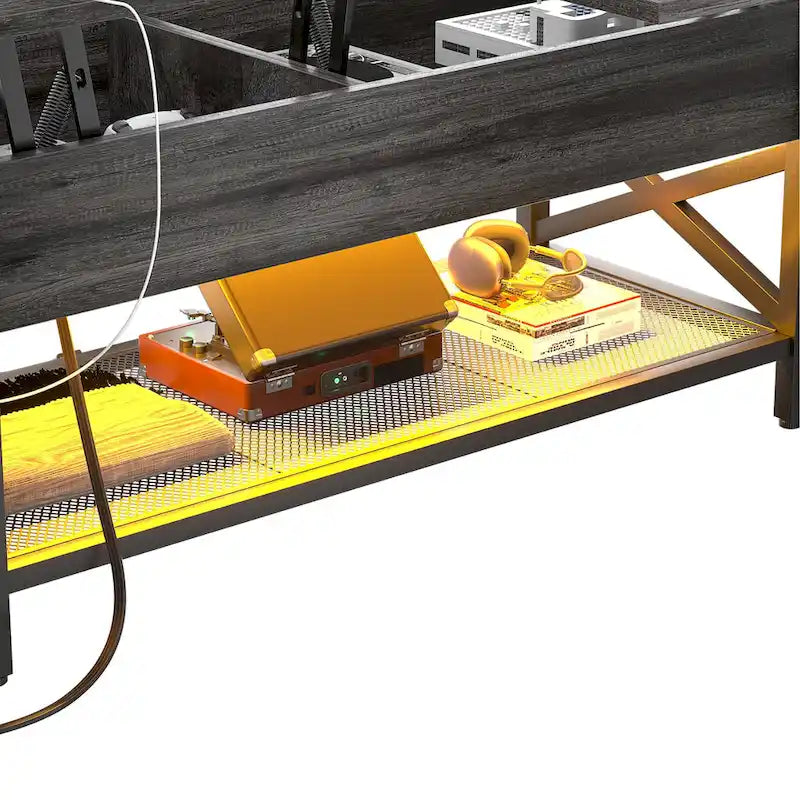 Tavolino da caffè sollevabile stile fattoria moderna con porta USB e luce LED, tavolino d'appoggio per soggiorno
