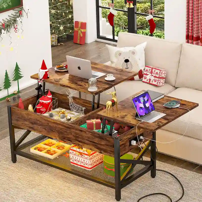 Tavolino da caffè sollevabile stile fattoria moderna con porta USB e luce LED, tavolino d'appoggio per soggiorno