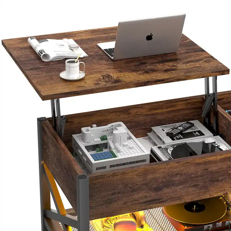 Tavolino da caffè sollevabile stile fattoria moderna con porta USB e luce LED, tavolino d'appoggio per soggiorno