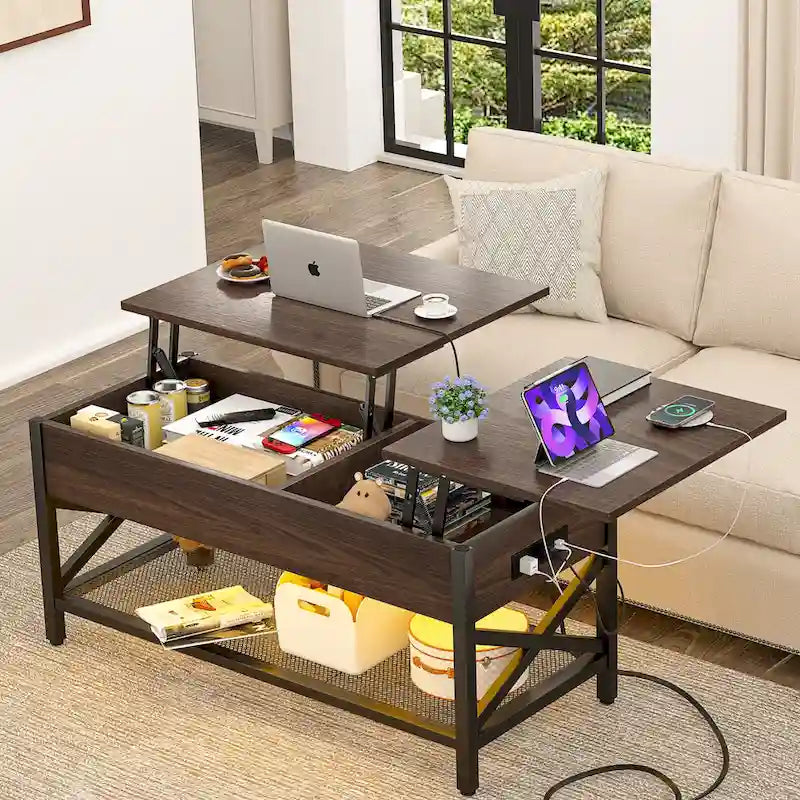 Tavolino da caffè sollevabile stile fattoria moderna con porta USB e luce LED, tavolino d'appoggio per soggiorno