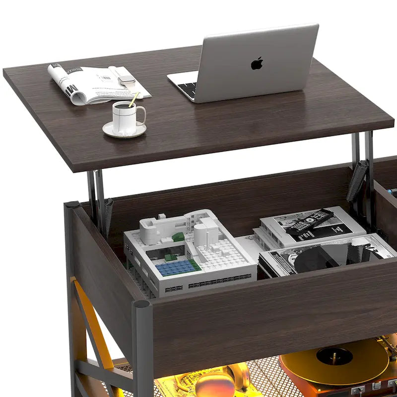 Tavolino da caffè sollevabile stile fattoria moderna con porta USB e luce LED, tavolino d'appoggio per soggiorno