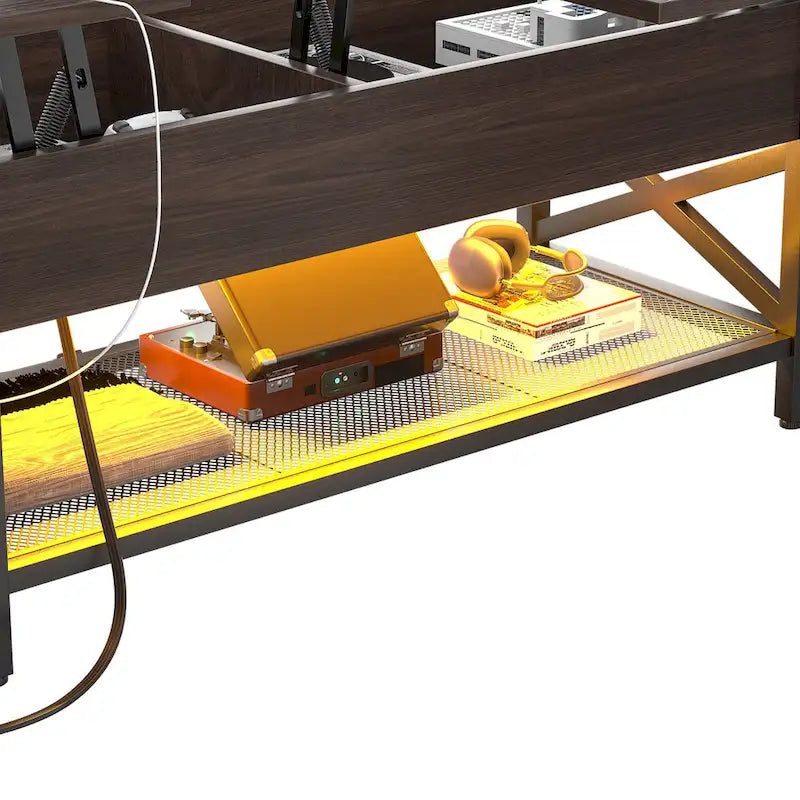 Tavolino da caffè sollevabile stile fattoria moderna con porta USB e luce LED, tavolino d'appoggio per soggiorno