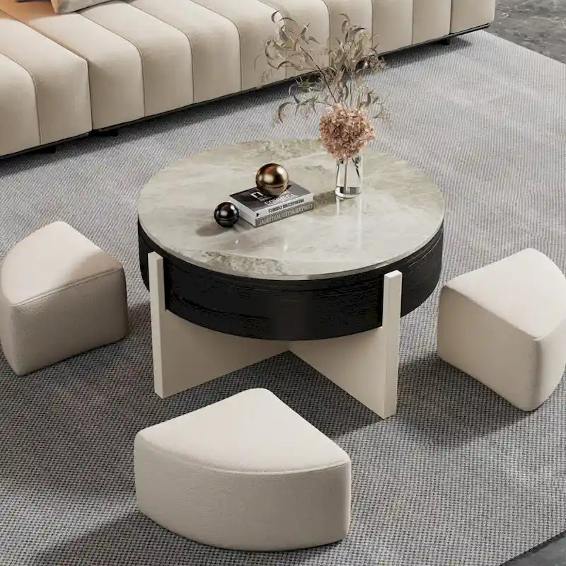 Table basse moderne de 31,5 po, table basse relevable avec 3 poufs, noire - 31,5 X 31,5