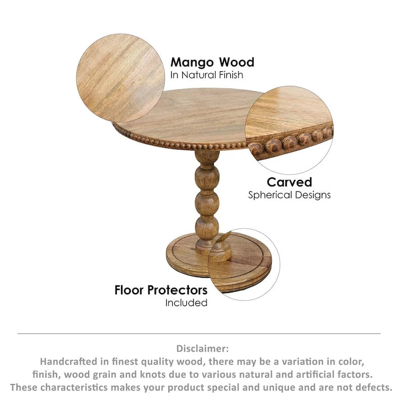 Table d'appoint de 21 pouces, dessus rond, pied boule empilé, bois de manguier brun naturel