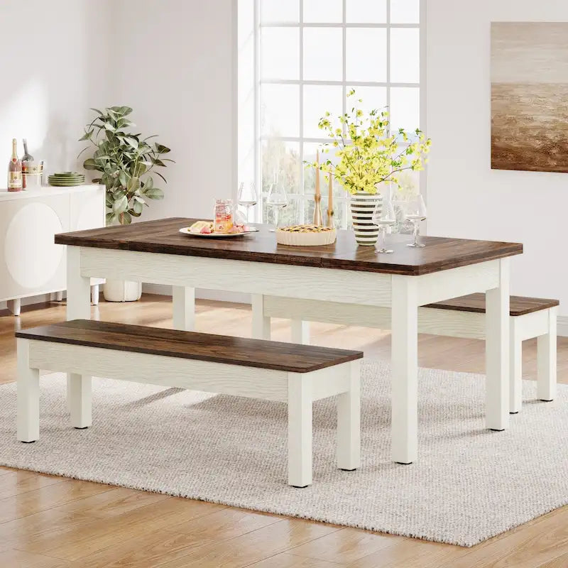 Set da pranzo da 55 pollici per 4-6 persone, tavolo da cucina in legno con 2 panche