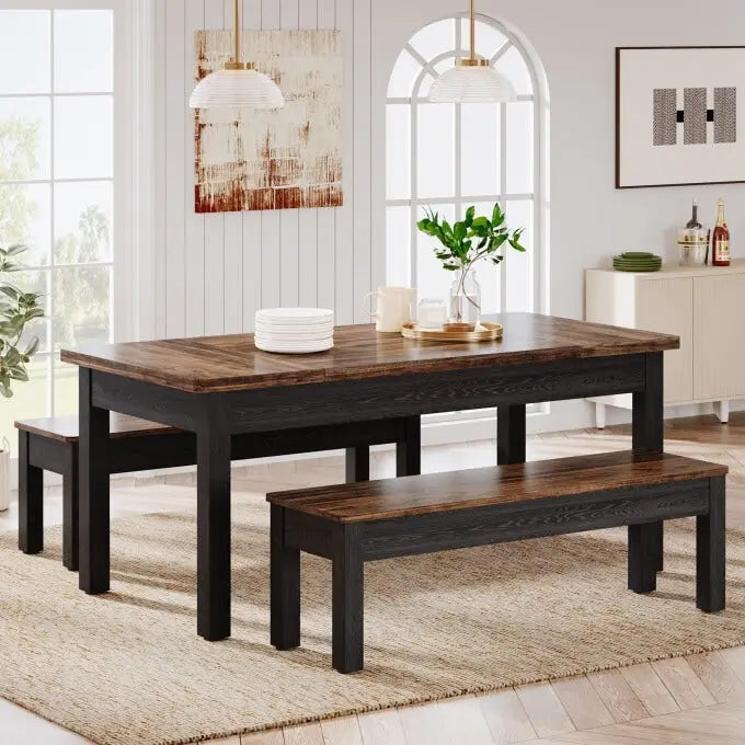 Set da pranzo da 55 pollici per 4-6 persone, tavolo da cucina in legno con 2 panche