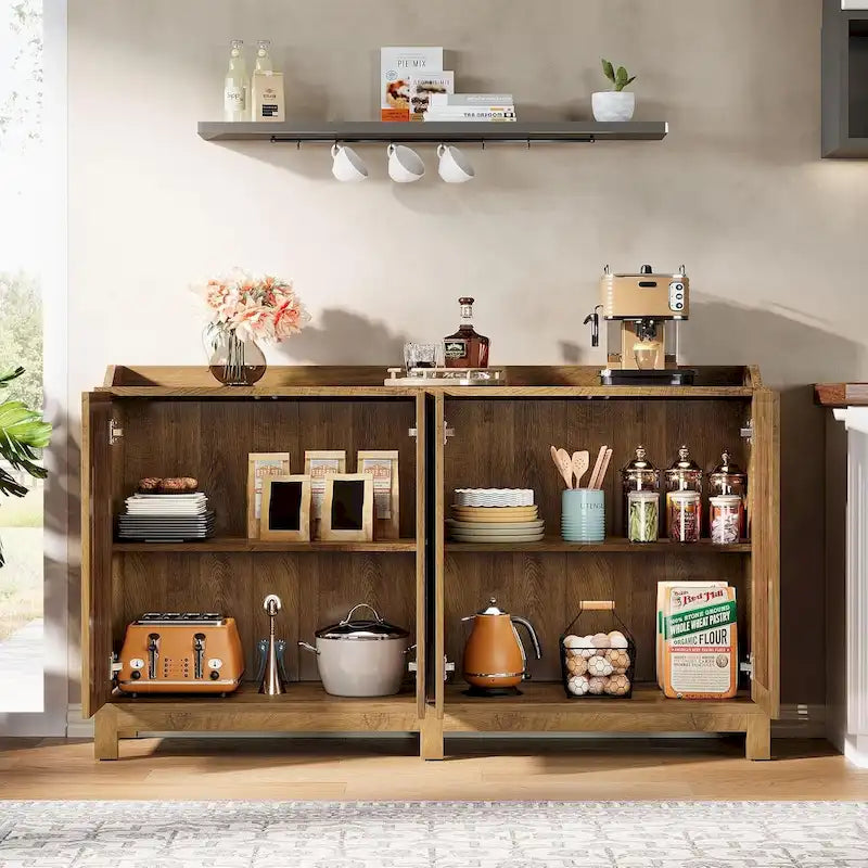 Buffet vaisselier, armoire de rangement de style rustique de 145 cm avec portes et étagère réglable