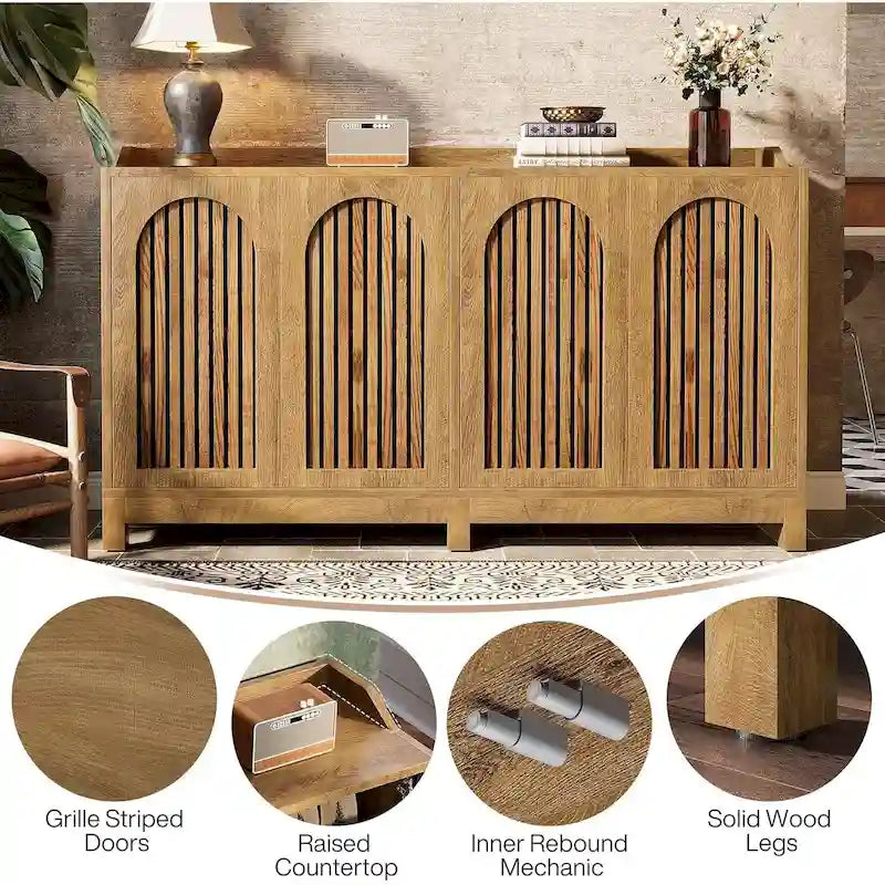 Buffet vaisselier, armoire de rangement de style rustique de 145 cm avec portes et étagère réglable