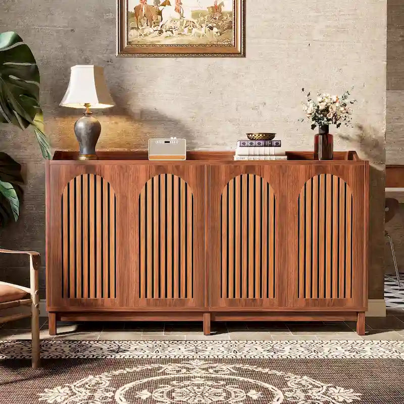 Buffet vaisselier, armoire de rangement de style rustique de 145 cm avec portes et étagère réglable