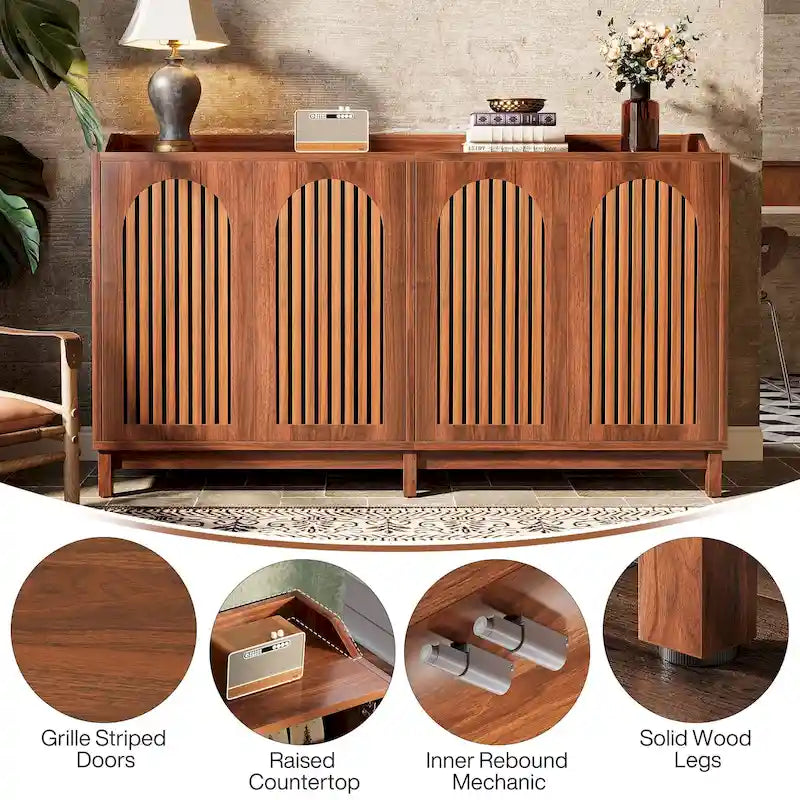 Buffet vaisselier, armoire de rangement de style rustique de 145 cm avec portes et étagère réglable